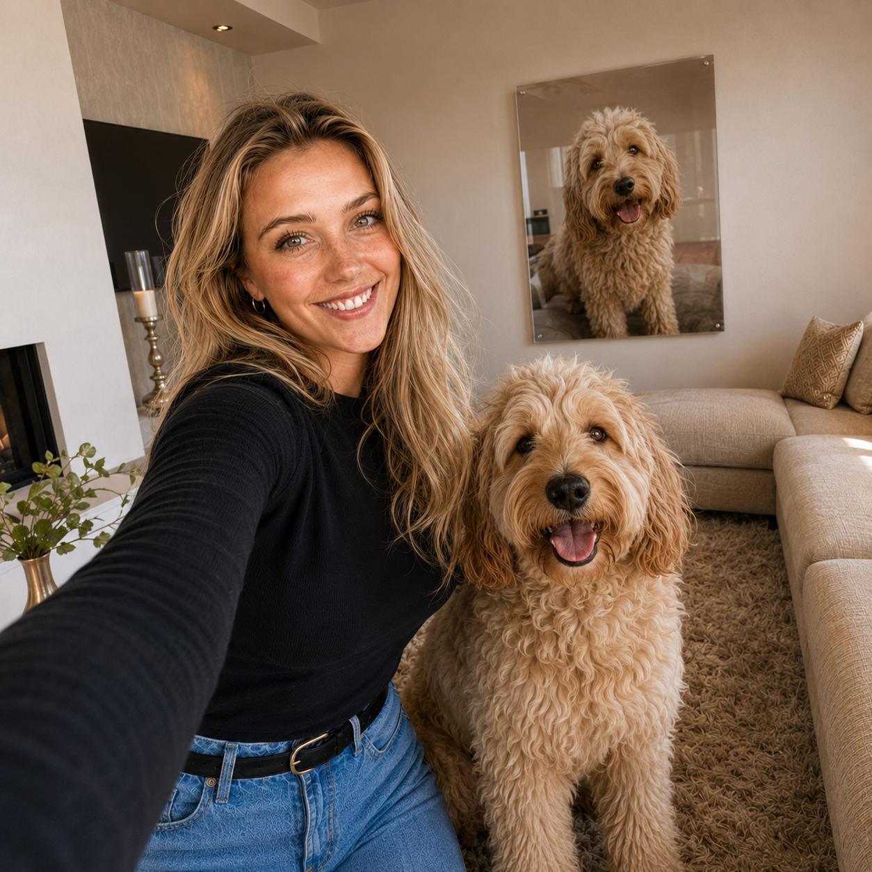 Foto aan de muur van een hond op plexiglas in een woonkamer